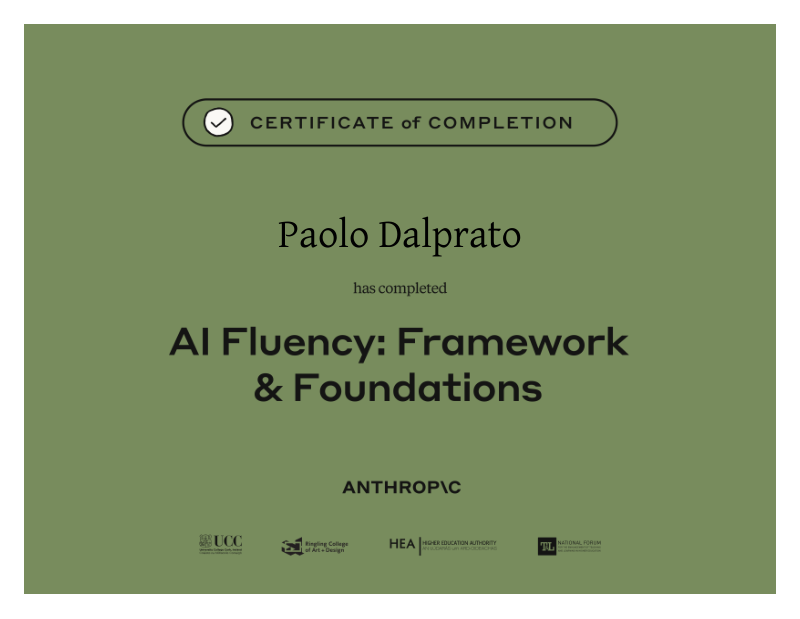 Attestato del corso AI Fluency: Framework & Foundations